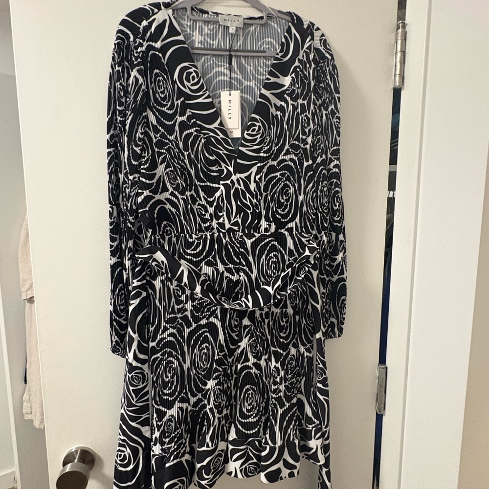 Milly Black and White Long Sleeve Mini Liv Rose Dress